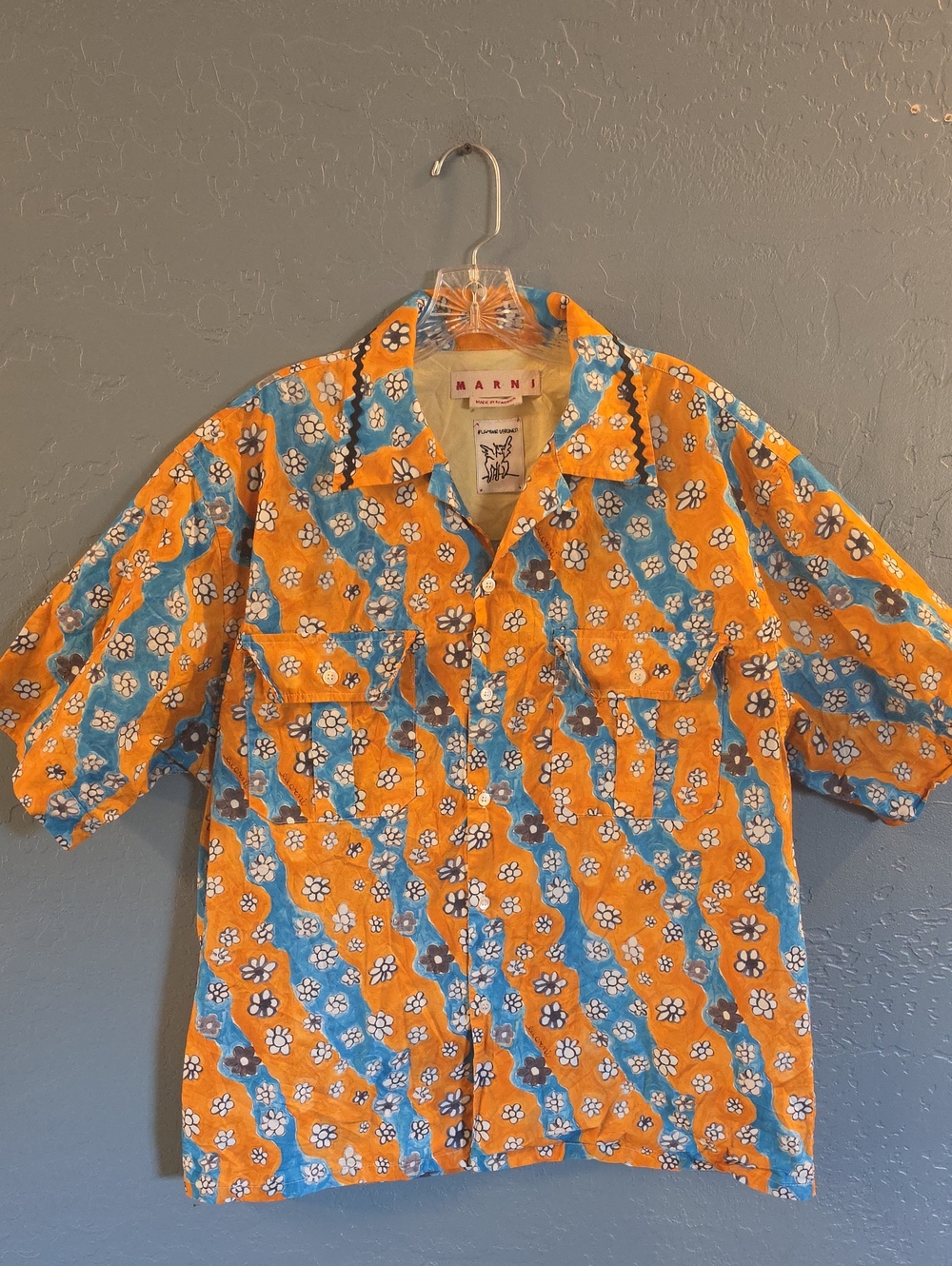 Designer Marni Orange and Blue Floral Short-Sleeve Button-Down Shirt